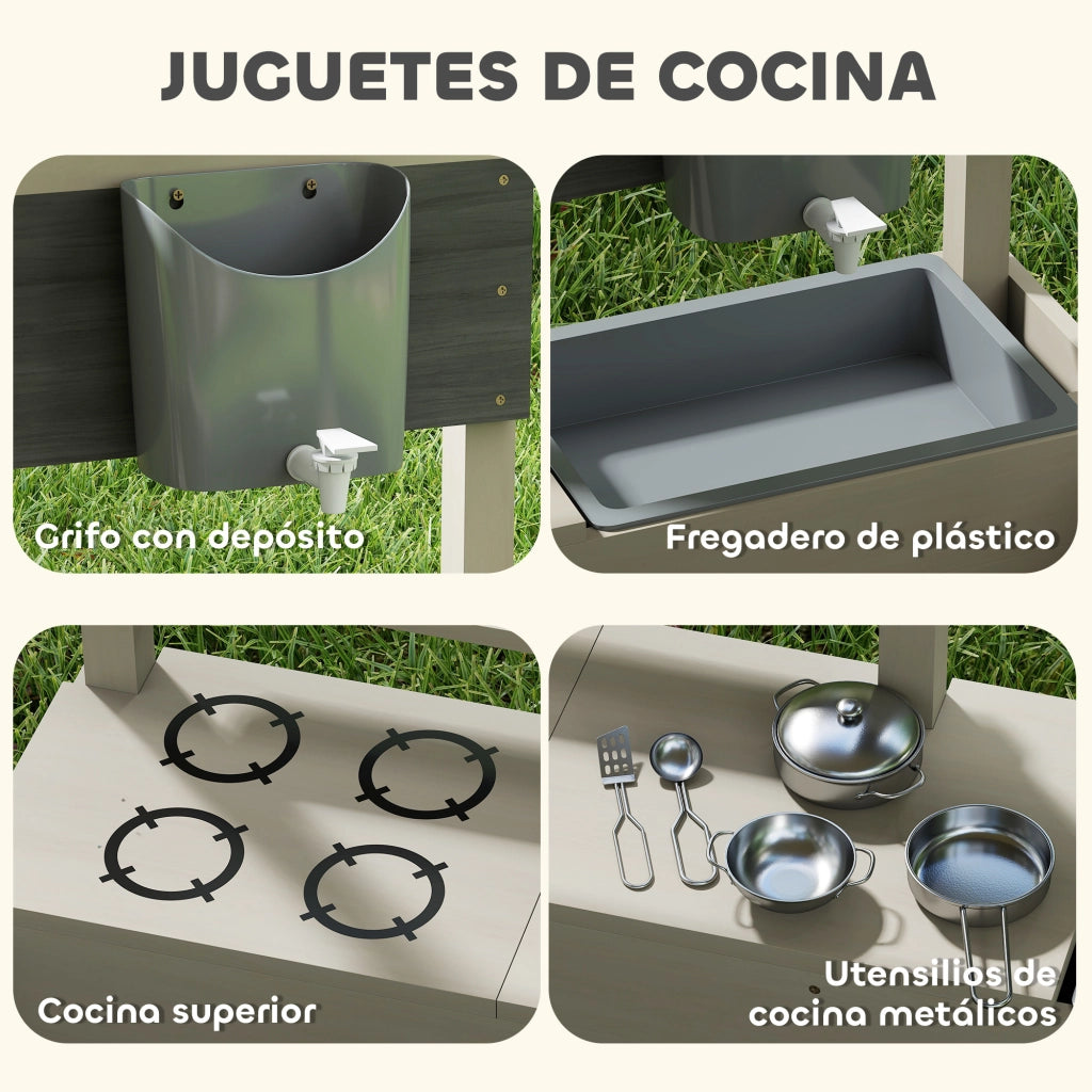 Casetta per Bambini in Legno con Cucina Giocattolo ¨C zephmum ¨C 114x110x110 cm Grigio