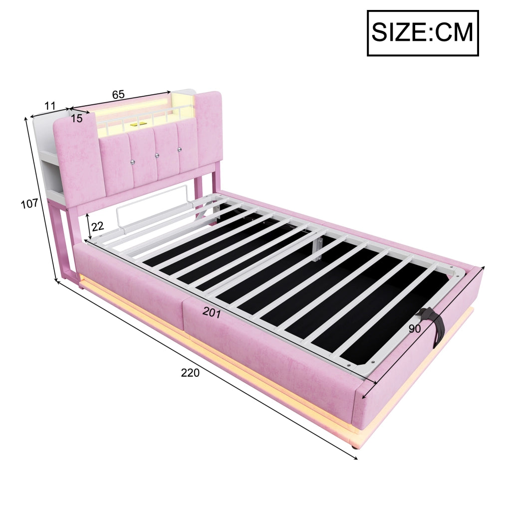 OKWISH Letto Bambino 90×200 cm, Letto Singolo con LED, USB, Contenitore con Sollevamento e Vano Testiera, senza Materasso, Rosa