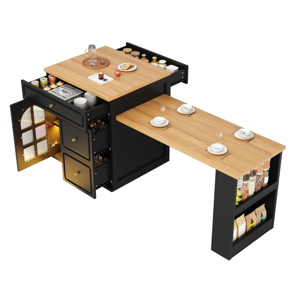 Isola cucina allungabile 122;5-195;5 cm nera con cassetti e luci LED RGB; MDF e vetro