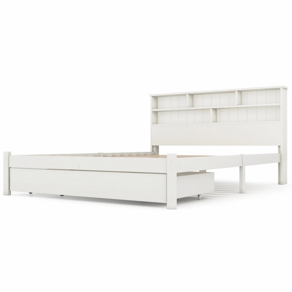 Letti contenitori 140x200 cm con testiera libreria; legno; bianco (Senza materasso)