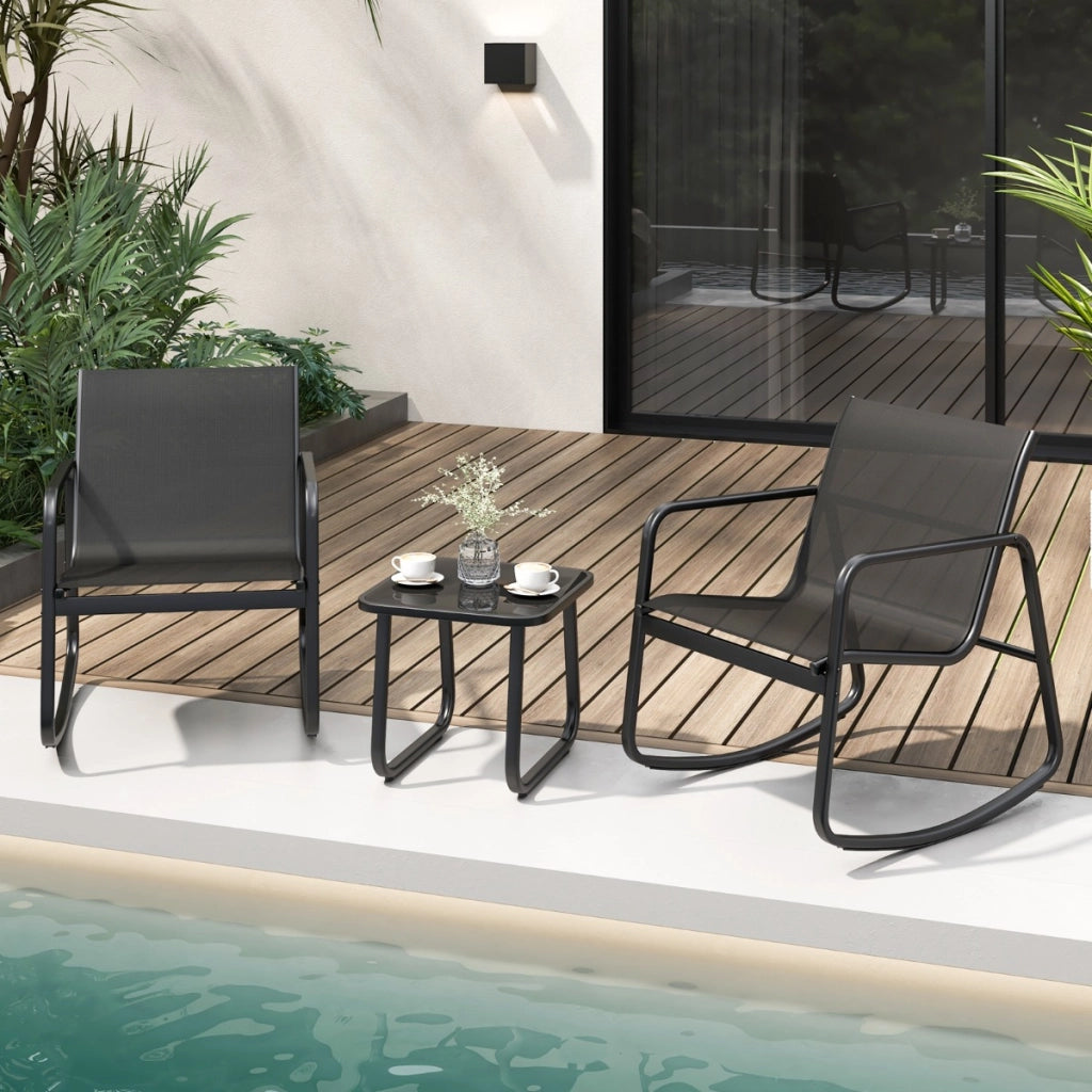 Set di dondoli per patio a 3 pezzi 2 sedie bistrot a dondolo e tavolo con piano in vetro-Set di sedie a dondolo per esterni Nero