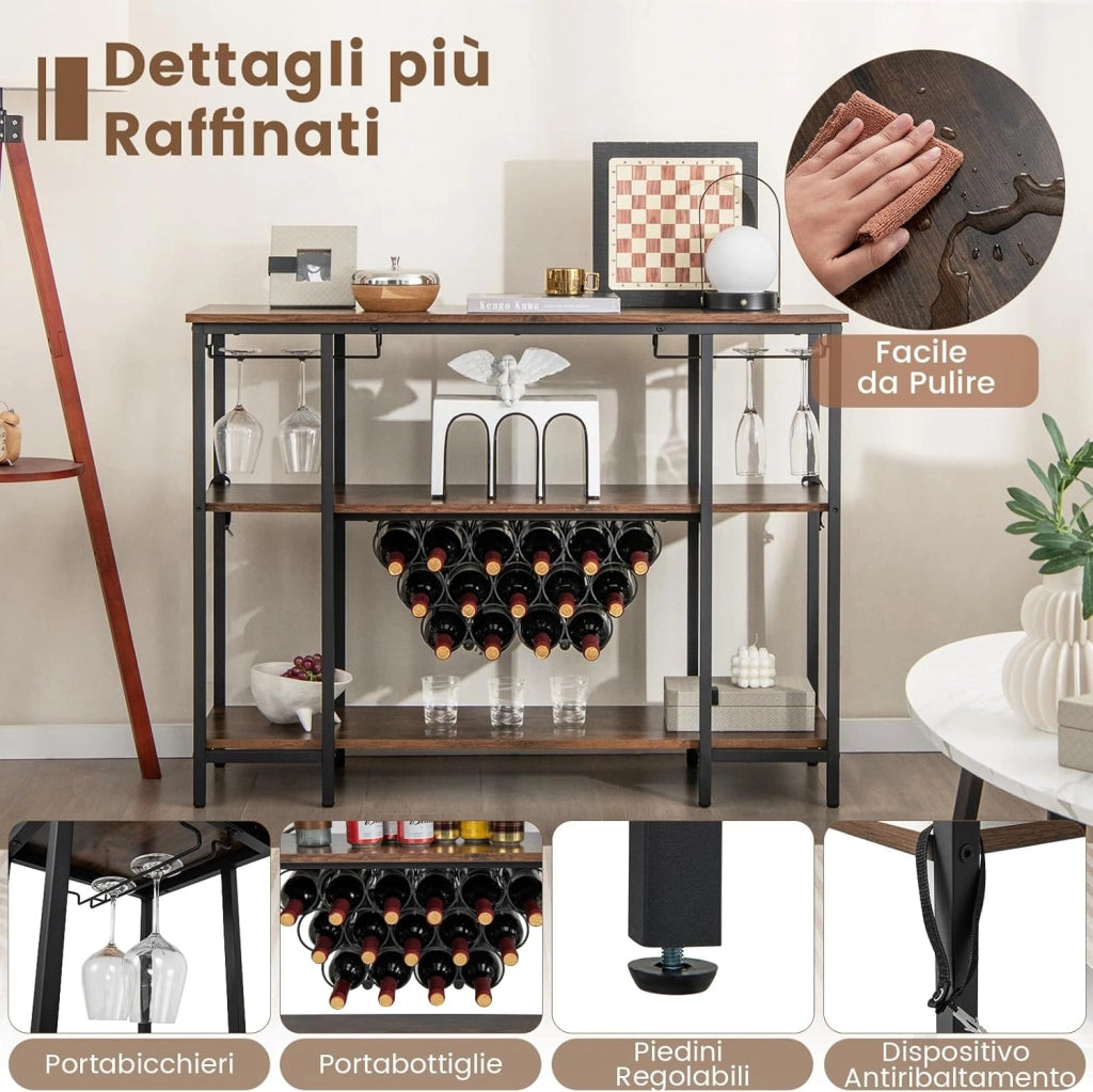 Mobile Bar Vino, Portabottiglie Industriale con 3 Ripiani, Porta Calici, Porte USB e Prese, Mobile Portabottiglie di Vino con Struttura in Metallo, 113 x 35 x 85 cm (Marrone)