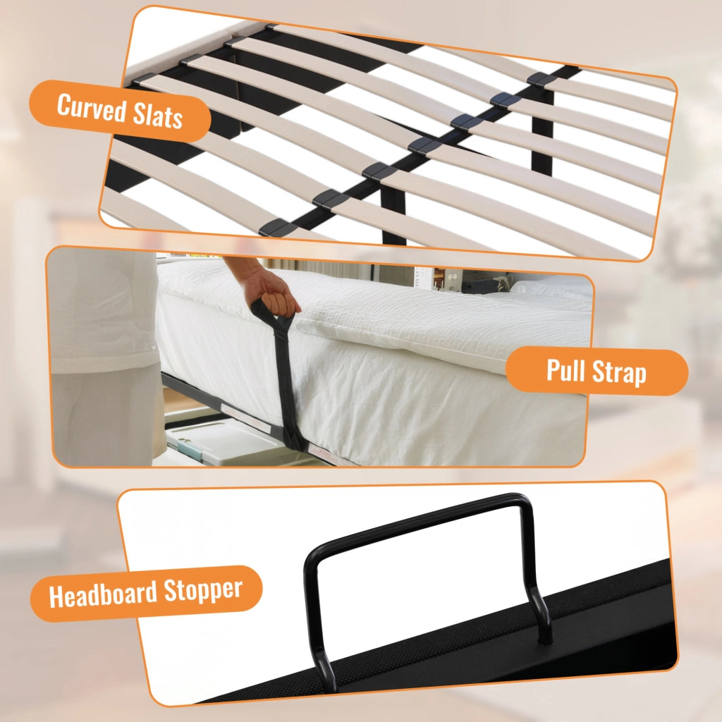 Letto imbottito con contenitore 160 × 200 cm; lino grigio; USB e USB-C