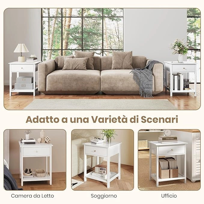 Comodino in Legno con Cassetto, Tavolino Laterale per Divano o Letto con Scaffale Aperto, Tavolino Compatto con Spazio di Archiviazione, Comò Salvaspazio per Camera da Letto