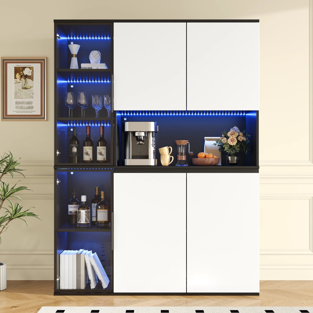 Credenza e madia con LED, 2 ante in vetro e vani contenitore, per soggiorno e sala da pranzo, 120 × 40 × 160 cm