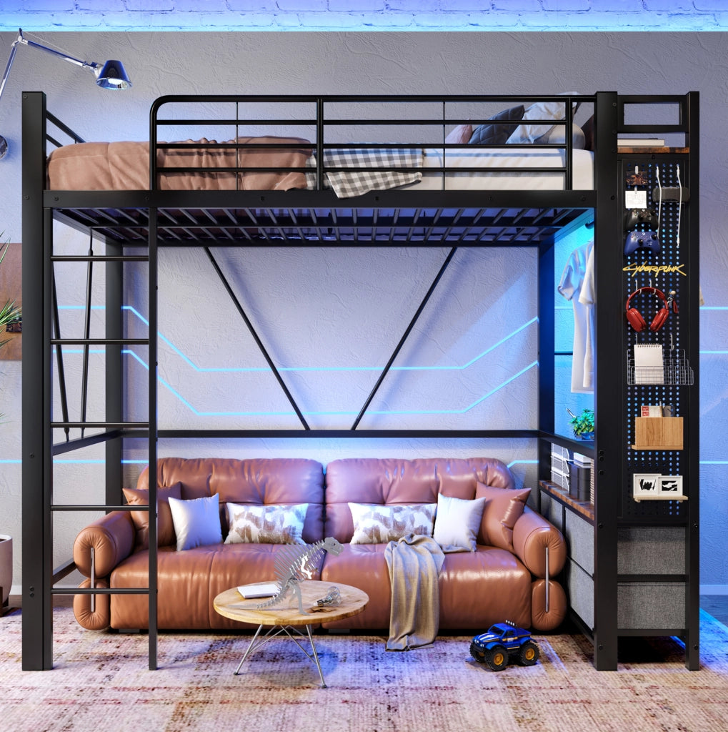 Letto a soppalco ULEVR 90x200 cm in metallo e MDF con 4 cassetti, LED multicolore, ripiani e USB-C