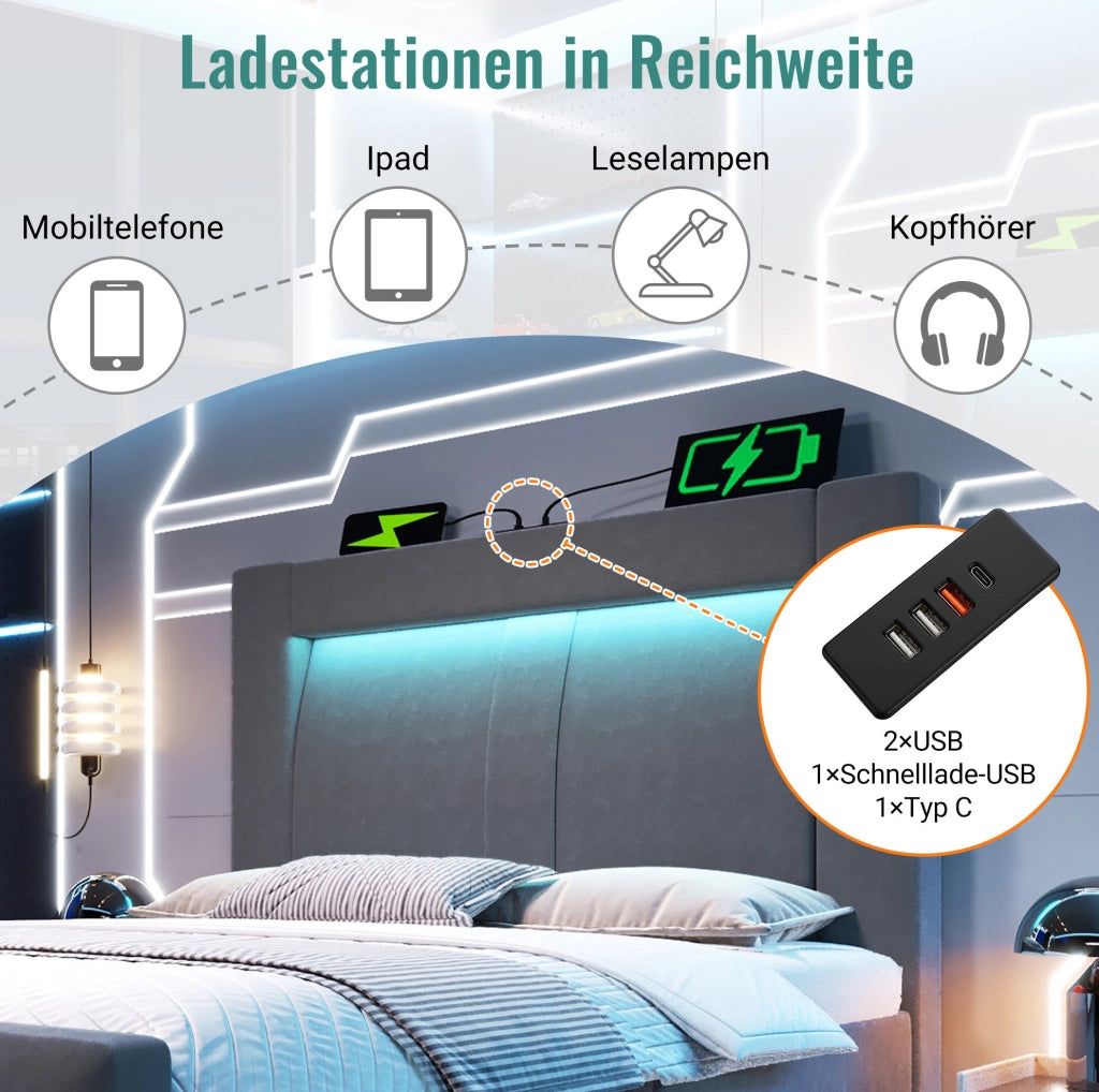 Letto singolo 90x200 cm con contenitore, LED e prese di ricarica, con materasso