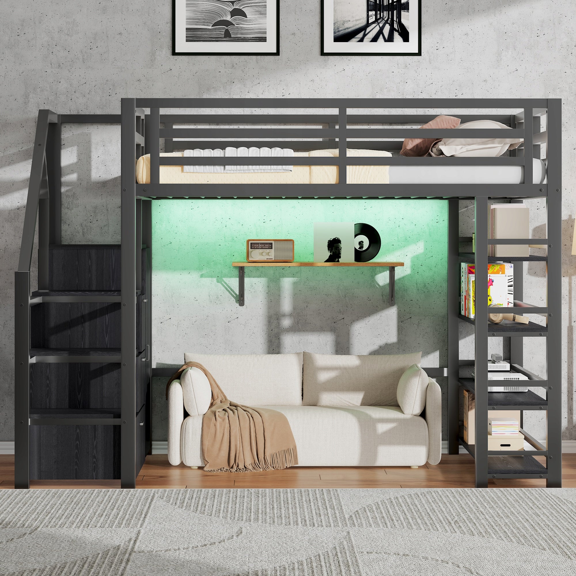 Letto a castello 140x200 - Xylo - Nero, LED, con armadio