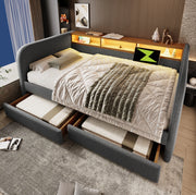 Letto imbottito 140x190 cm grigio in lino, LED USB C con 2 cassetti, senza materasso