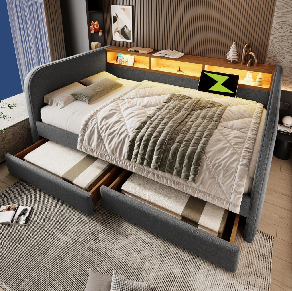 Letto imbottito 140x190 cm grigio in lino, LED USB C con 2 cassetti, senza materasso