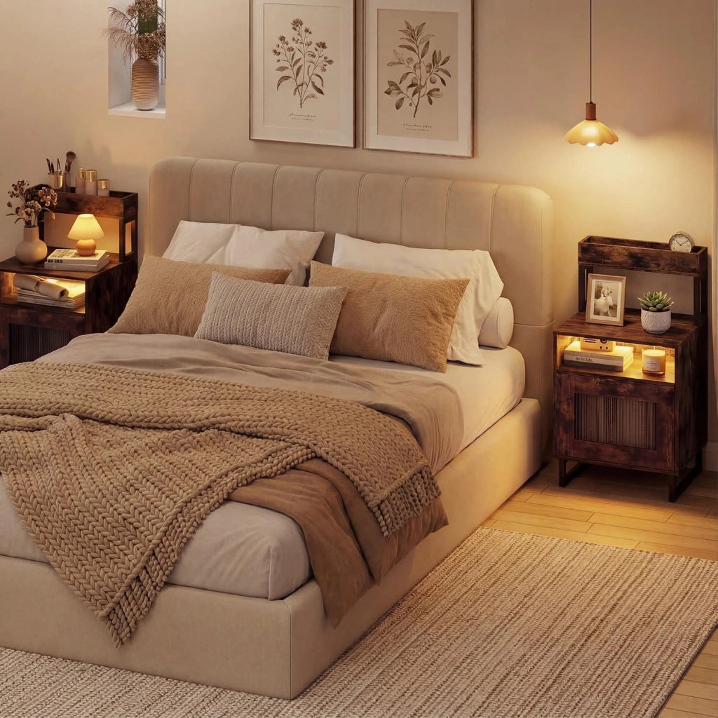 Comodino Cameretta con Luce LED a 16 Colori e Telecomando, Tavolino Camera da Letto con Ripiano Aperto e Armadio, Comodino con Gambe in Metallo per Soggiorno, 45 x 40 x 80 cm (Marrone)