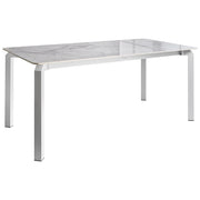 Tavolo da pranzo da giardino piano in pietra sinterizzata bianco lucido e marmo bianco e struttura in ferro resistente ai raggi UV e alla ruggine interni ed esterni