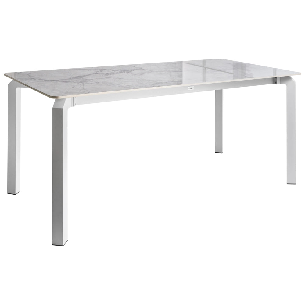 Tavolo da pranzo da giardino piano in pietra sinterizzata bianco lucido e marmo bianco e struttura in ferro resistente ai raggi UV e alla ruggine interni ed esterni