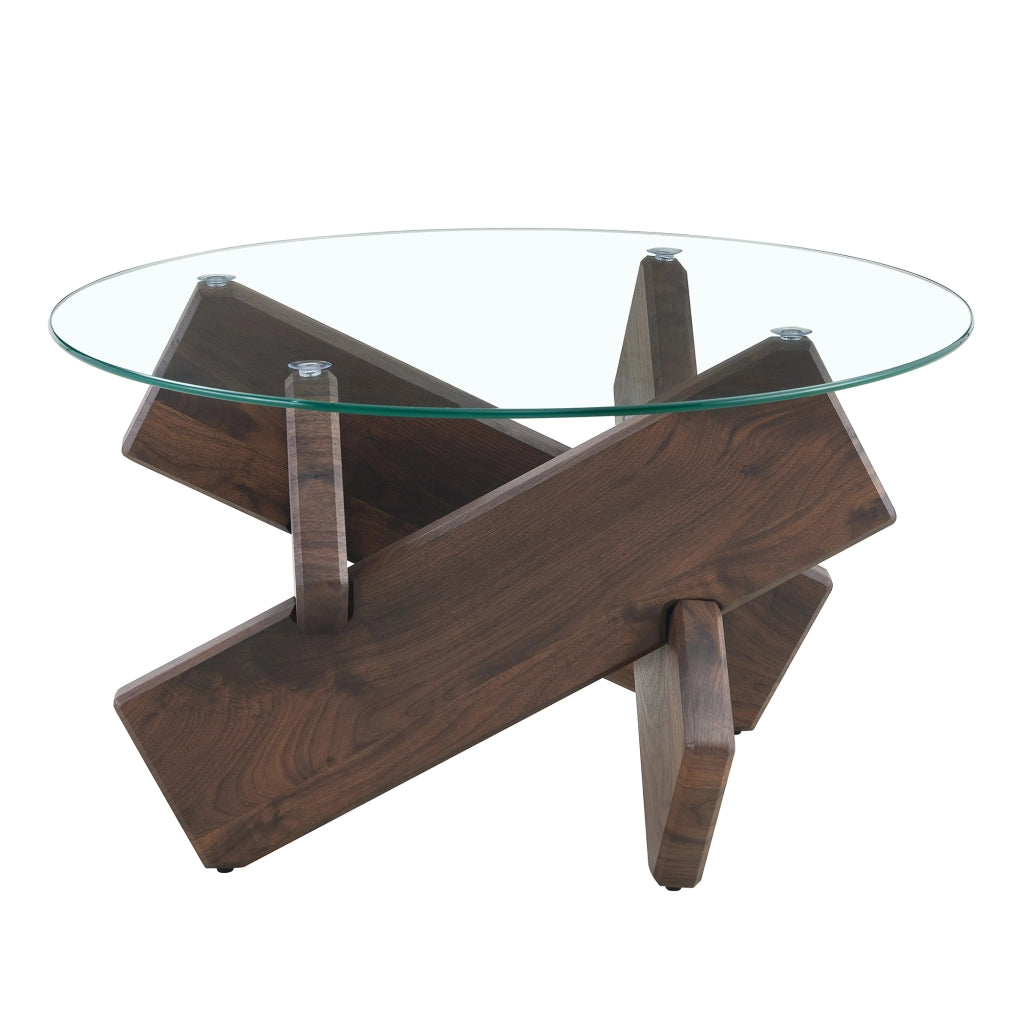 TAVOLINO rotondo 79 cm MDF e vetro trasparente effetto noce