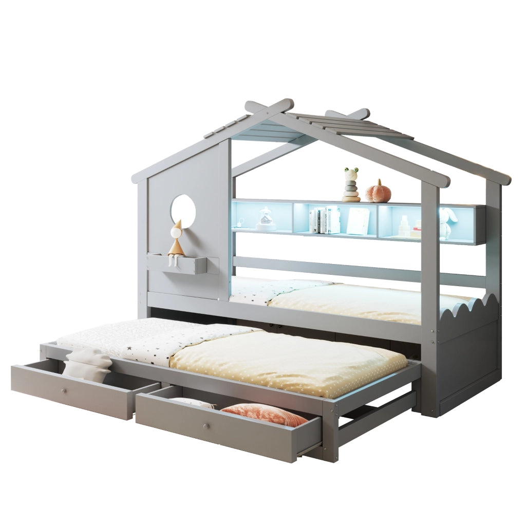 Letto Singolo con Letto Estraibile e LED ¨C MINIMAL ¨C Grigio, 90x200, con Cassetti e USB