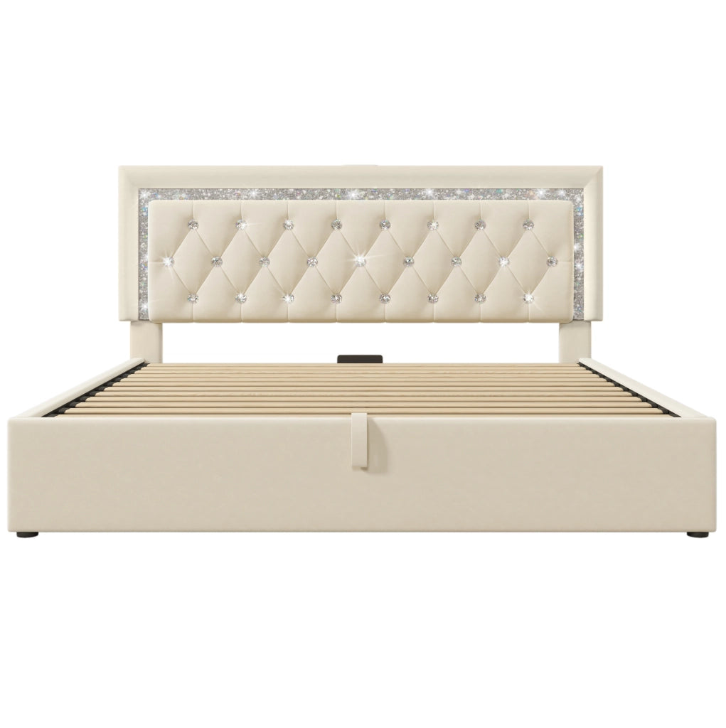 Letto imbottito 140x200 cm con contenitore; LED e ricarica USB Type-C in velluto beige