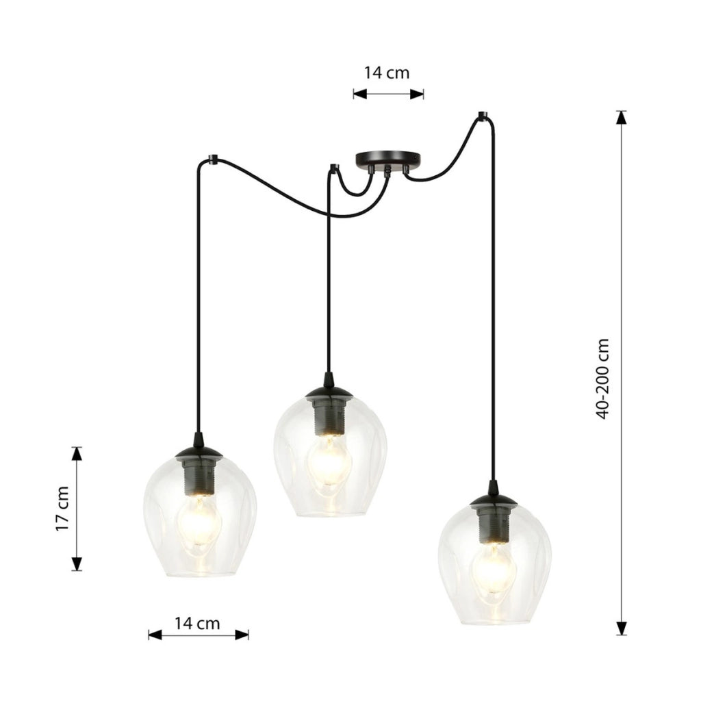 Lampada a sospensione LEVEL con tre diffusori in vetro trasparente