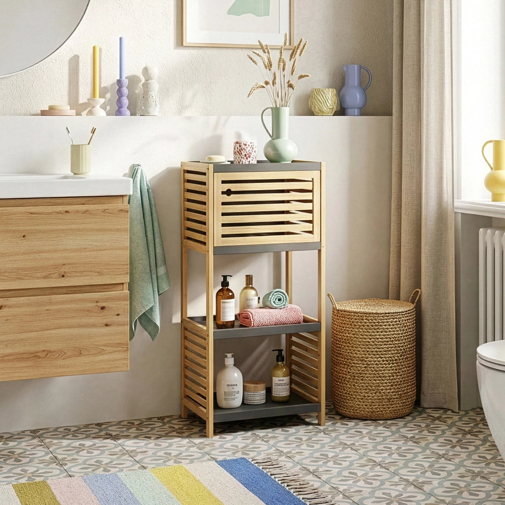 Scaffale da Bagno Kydesby in Bambù con 2 Ripiani Aperti e Scomparto ad Anta 83 x 39 x 30 cm - Naturale / Grigio [en.casa]