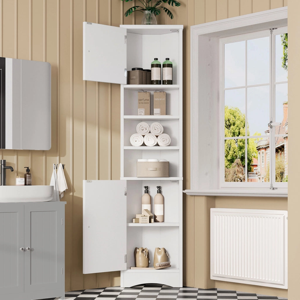 Armadietto Bagno Triangolare ¨C MINIMAL ¨C Bianco, 3 Ripiani, Ante, Salvaspazio, 36.5x24.5x170