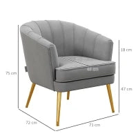 Poltrona in Velluto Imbottita con Gambe Dorate in Poliestere e Acciaio, 71x72x75cm, Grigio