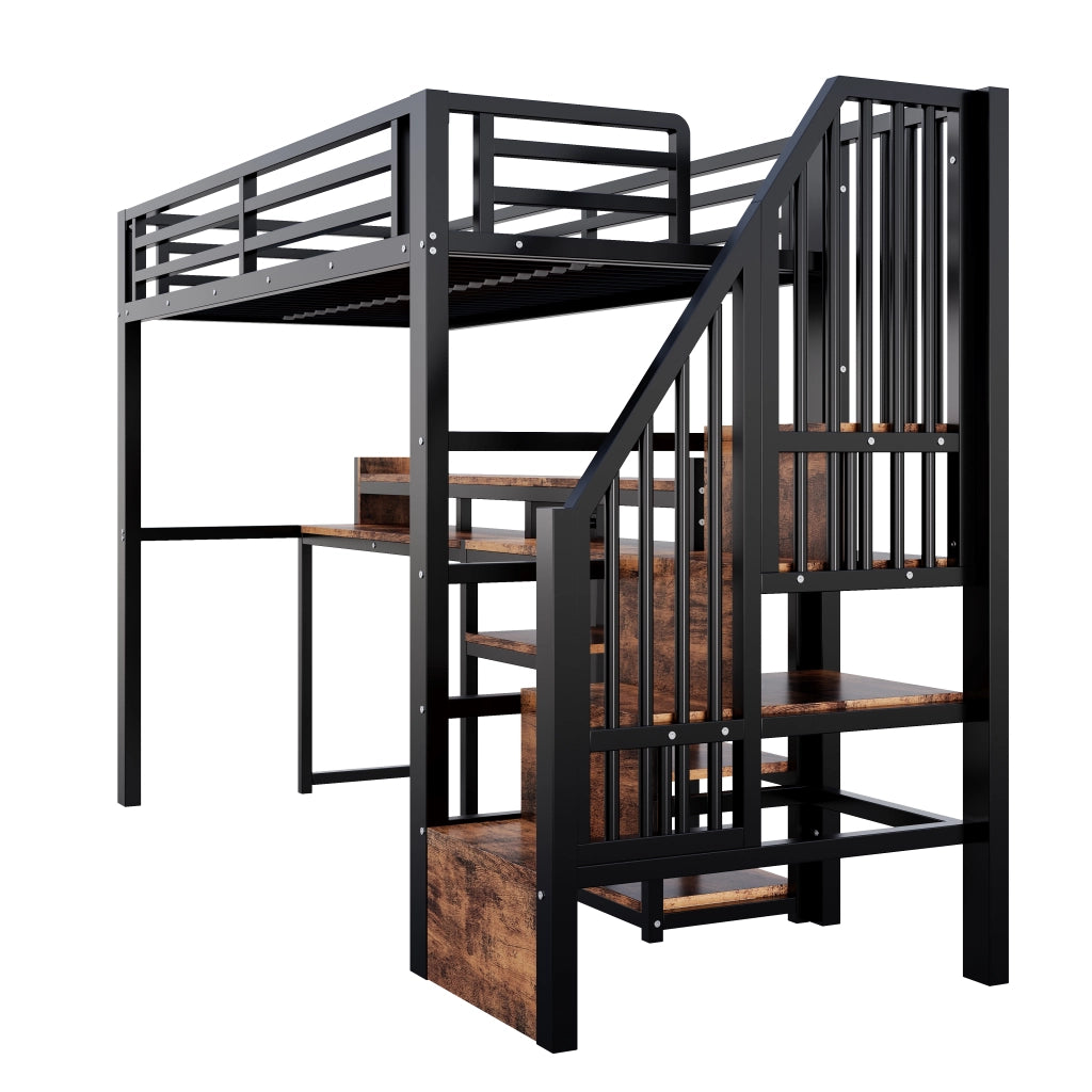 Letto a soppalco 90 × 200 cm con scala contenitore, ripiano, LED, USB e Type-C, senza materasso, nero