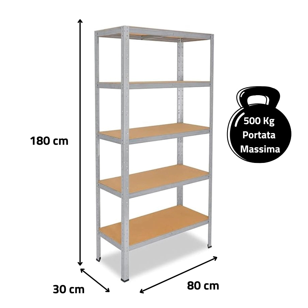 SCAFFALE SCAFFLATURA in Metallo per Officina E Garage 180x80x30 cm | SCAFFALE 5 ripiani con pannelli MDF montaggio a scatto semplice | Portata Massima 500 kg