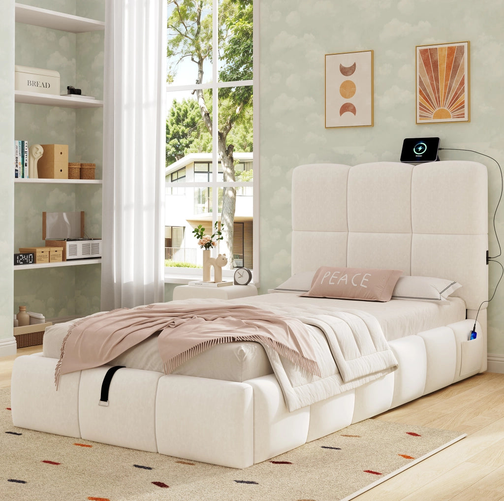 Letto singolo per bambini 90x200 cm con contenitore idraulico; USB C; velluto beige