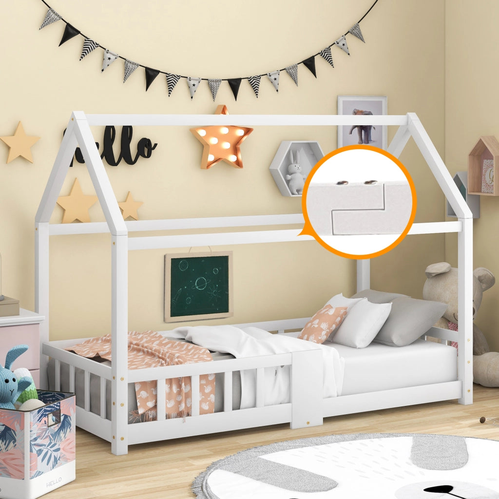 OKWISH Letto a Casetta 90×200 cm, Letto Singolo con Sponde di Sicurezza, Lavagna e 15 Doghe, senza Materasso, Bianco