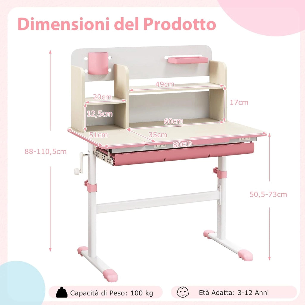 Scrivania per Bambini Regolabile in Altezza da 50 a 73cm, Rosa | Scrivania da Studio con Piano Inclinabile 60°, Scrittoio Cameretta con Scaffale, Cassetto, Portapenne e Righello