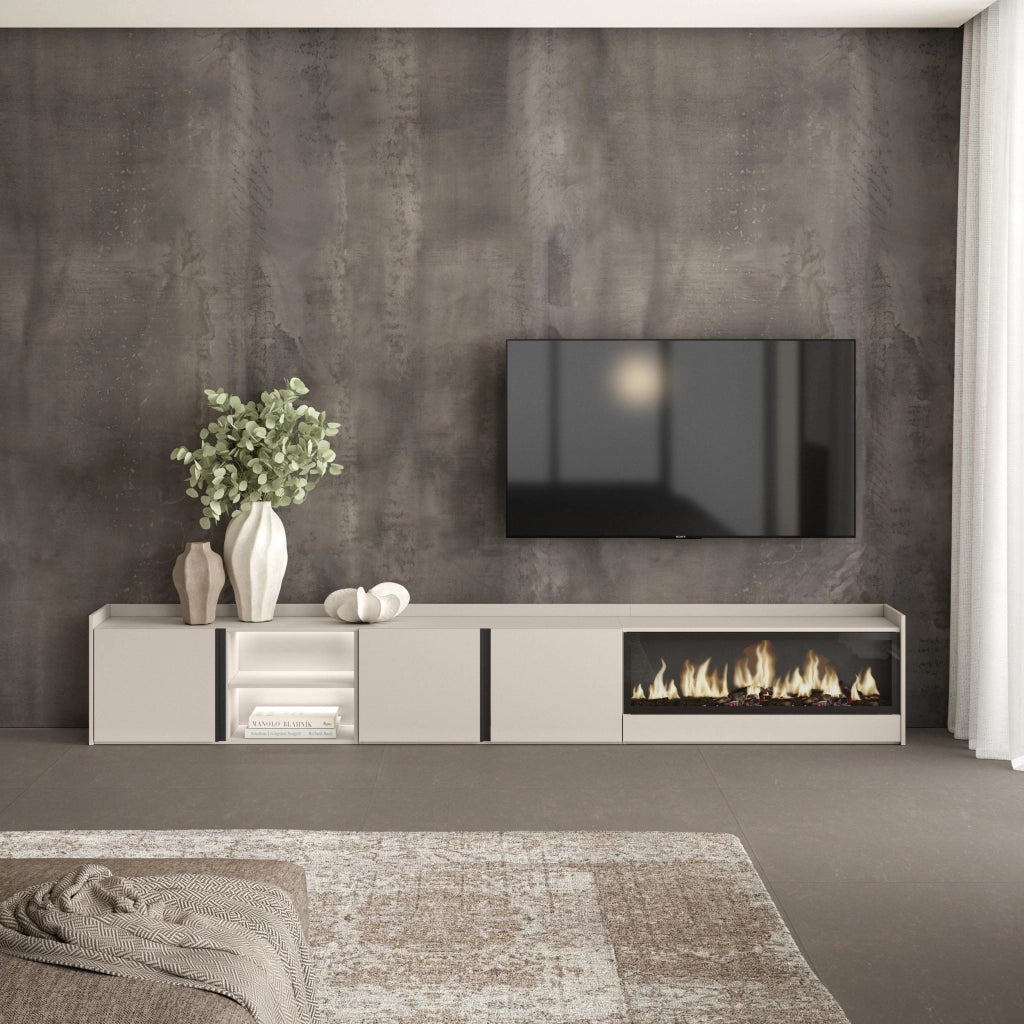 Mobile TV Soggiorno, 315x50x35 cm, Per TV fino a 80", Camino elettrico XXL, LED, Beige
