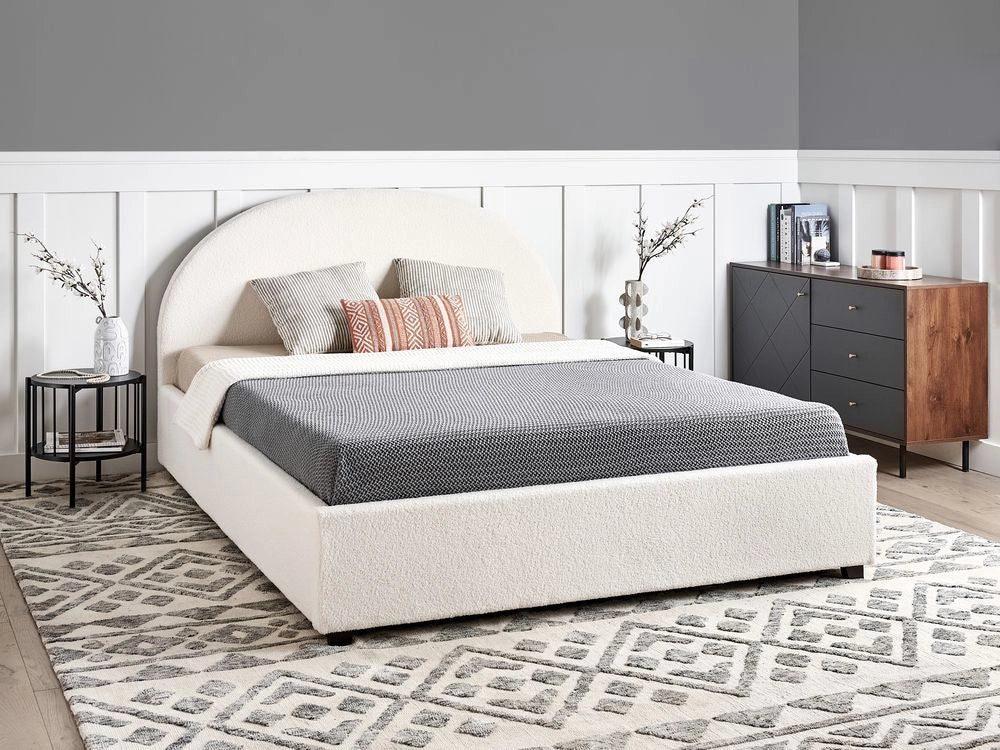 Letto contenitore matrimoniale imbottito tessuto bianco sporco retrò minimalista 160 x 200