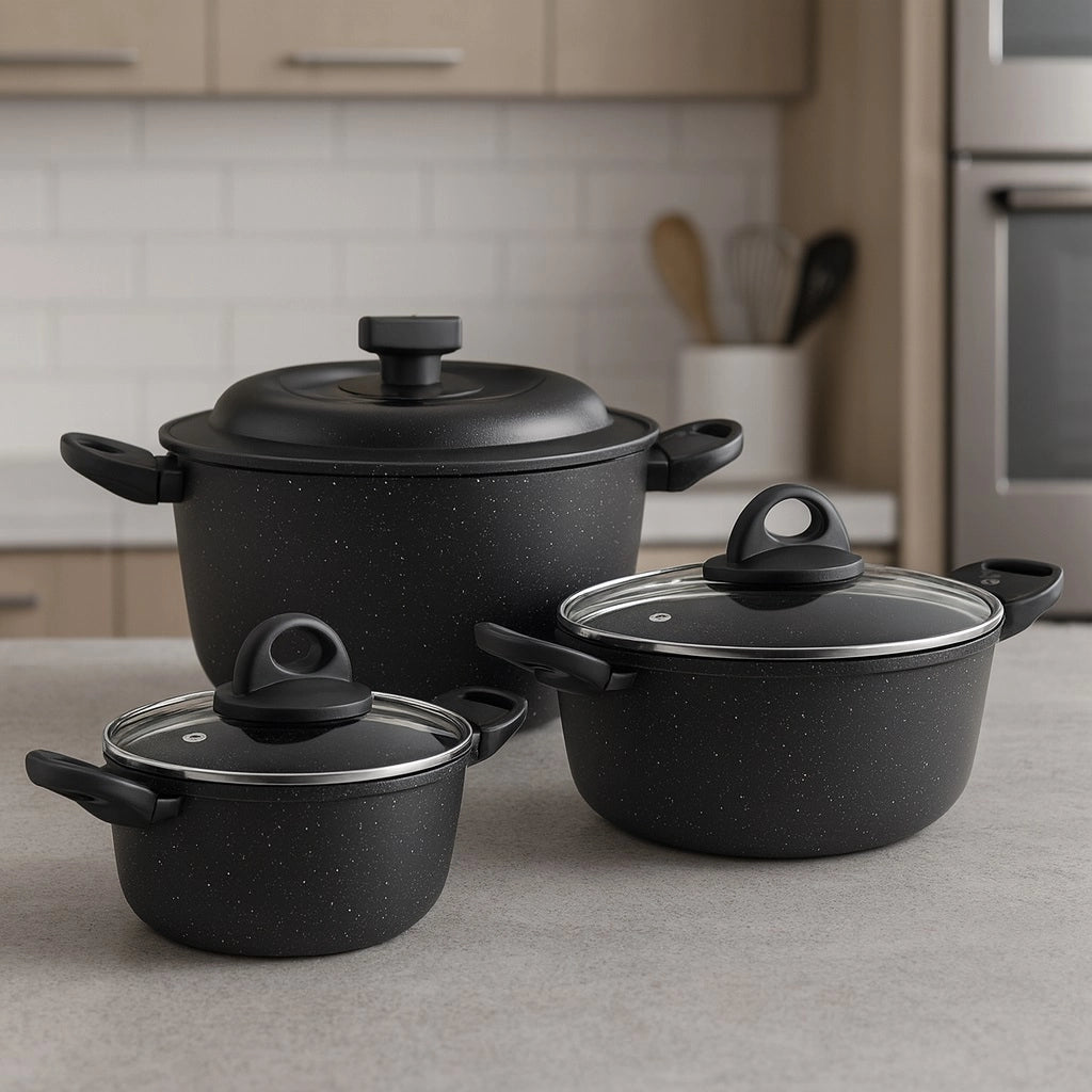 Set Pentole 6pz Pietra con Coperchio Magico Antiodore Casseruole 16 20 24 cm Induzione