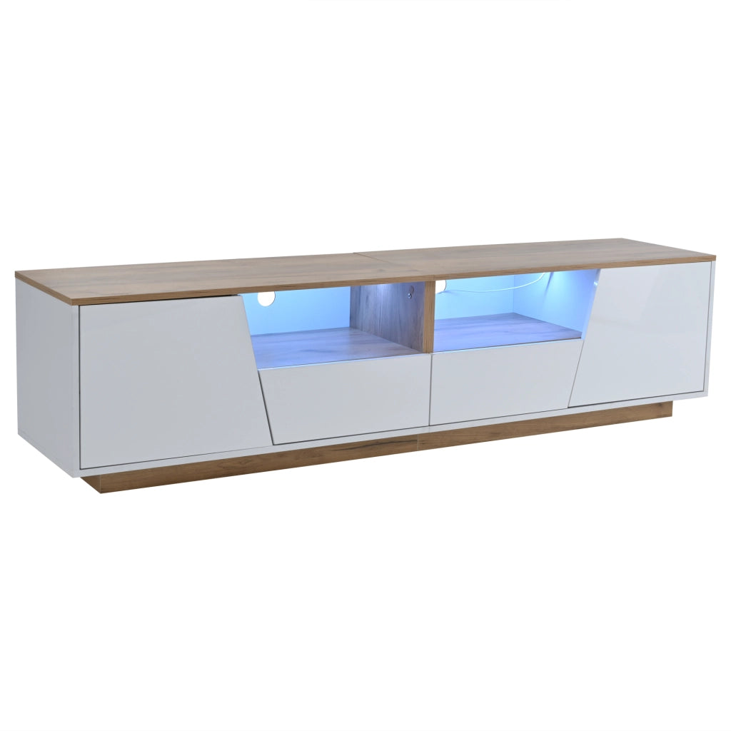 Mobile TV da 180x40x46 cm con 2 cassetti, 2 armadi e LED, design lucido frontale, colore bianco e legno naturale, per TV fino a 75 pollici