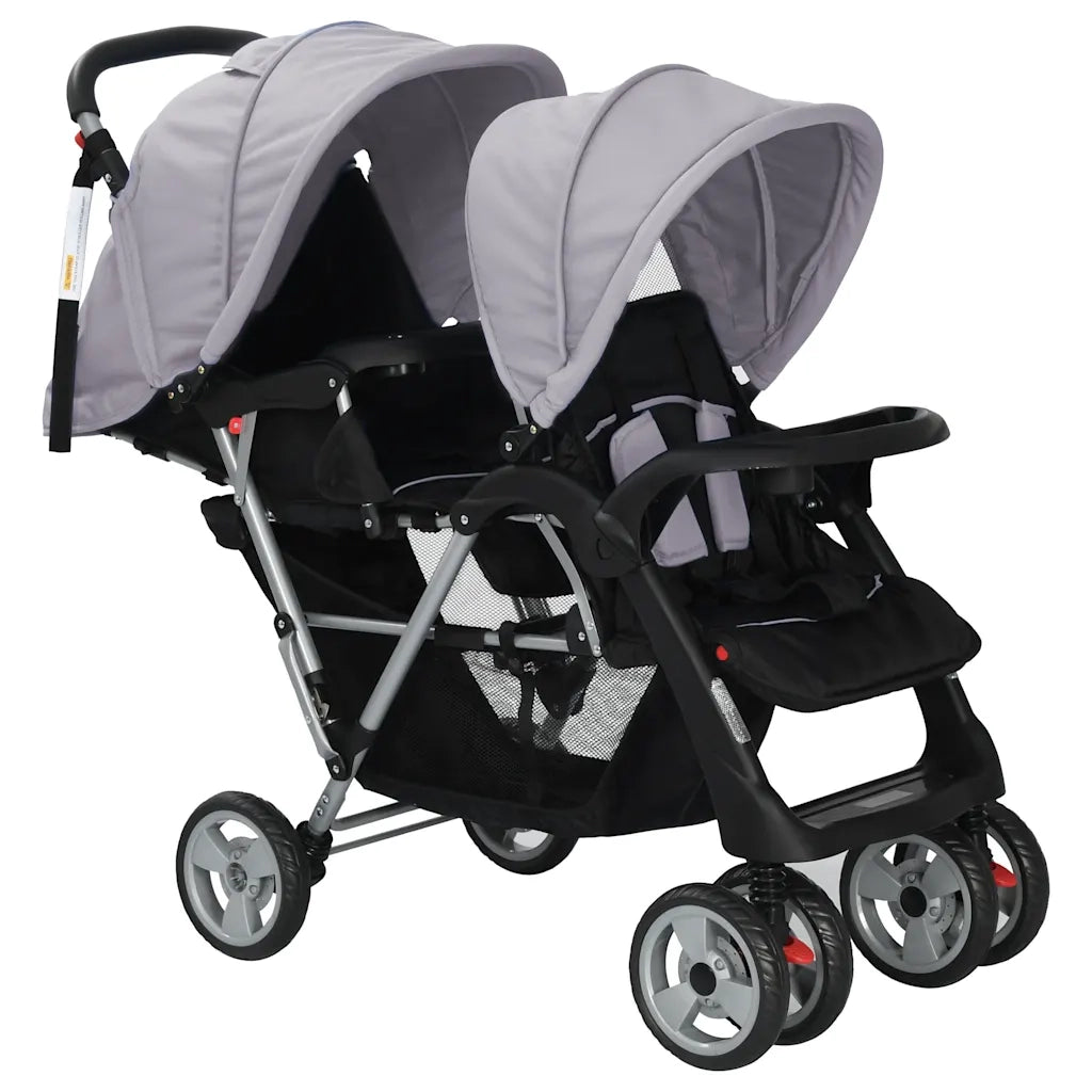 Passeggino Gemellare a Tandem in Acciaio Grigio e Nero 10113