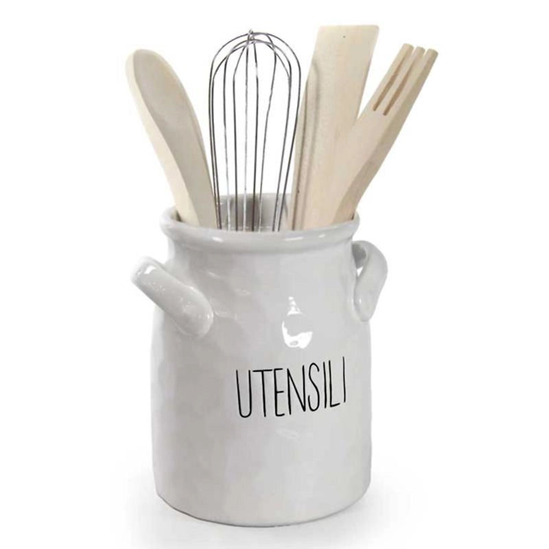 PORTA UTENSILI, POSATE MODELLO ONDULATO BIANCO CON SCRITTA "UTENSILI" MINIMALISTA 16 X 17 CM