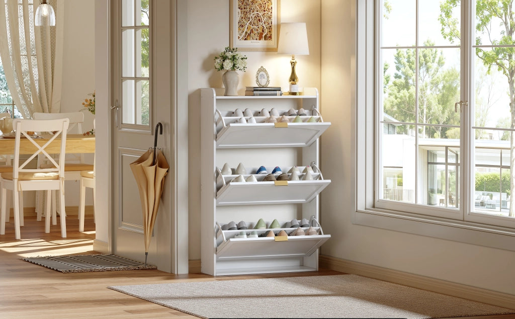 Scarpiera stretta con 3 ante a ribalta, mobile scarpe bianco per ingresso e soggiorno, 76x23x118 cm