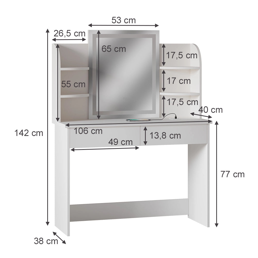 Vicco Tavolo da toeletta Bianco 106 cm con specchio a LED e stazione di ricarica QI