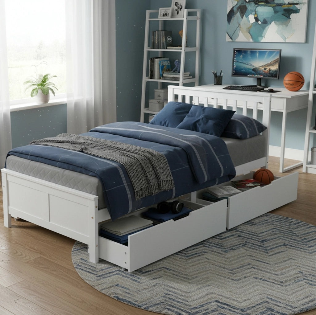 Letto singolo bianco con cassetti e struttura in legno massiccio