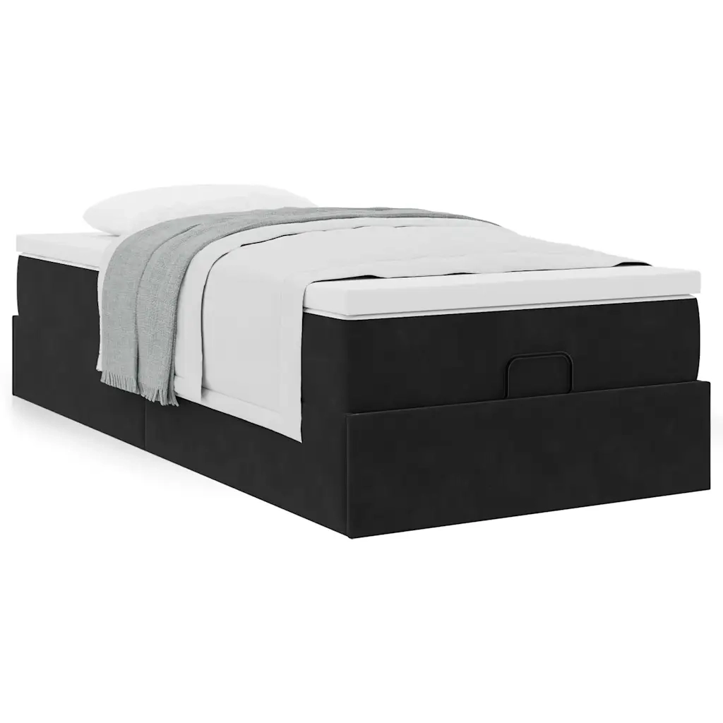 Struttura Letto Pouf con Materasso-Giroletto Nero 90x200 cm in Velluto