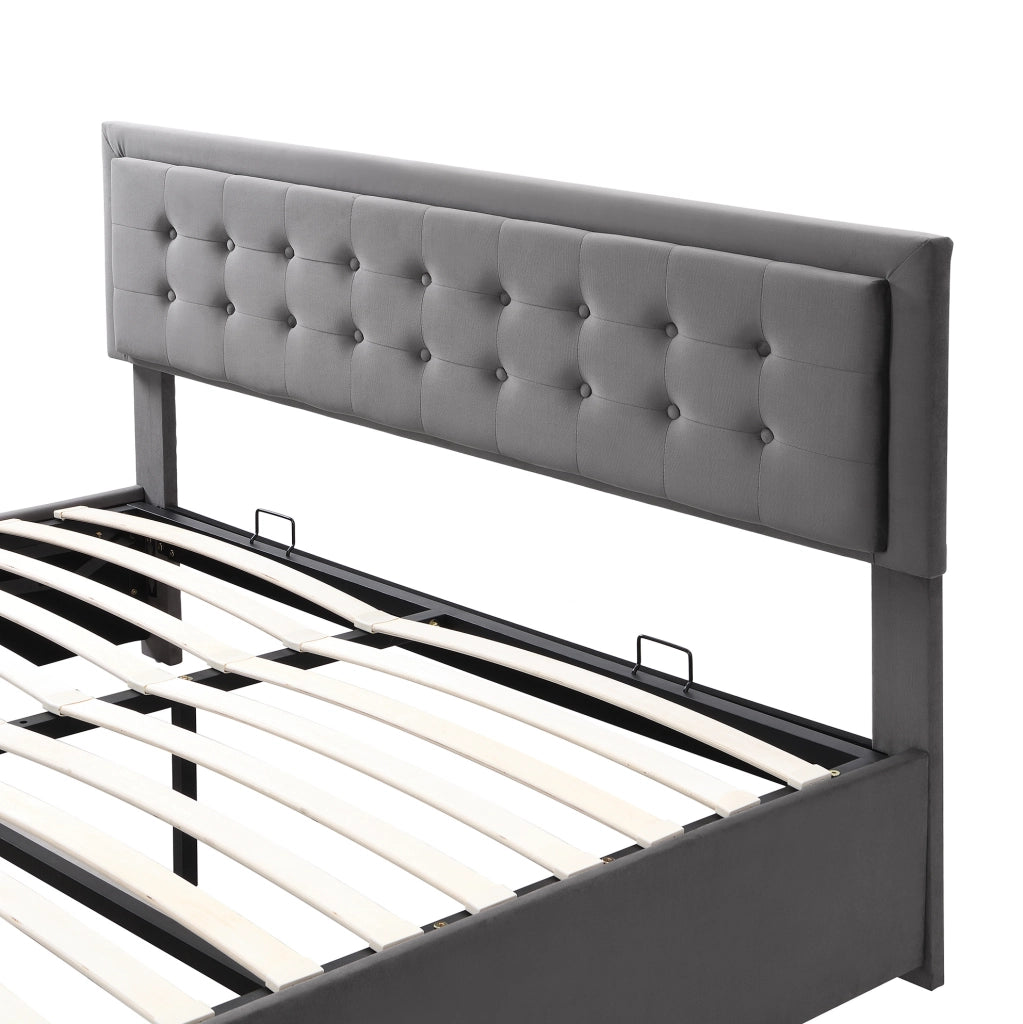 Letto matrimoniale imbottito 160x200 cm in velluto grigio con contenitore e cassetti