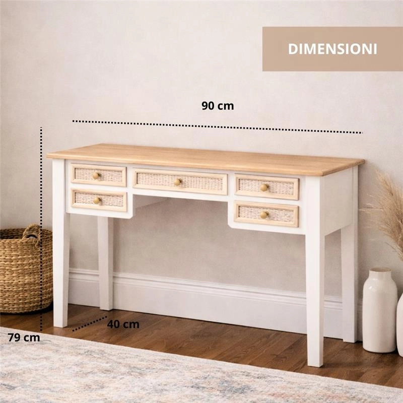 MA MAISON SCRIVANIA BIANCA IN LEGNO 90X40X79 CM CON 5 CASSETTI, SCRITTOIO ELEGANTE STILE SHABBY CHARM PER STUDIO E CAMERA