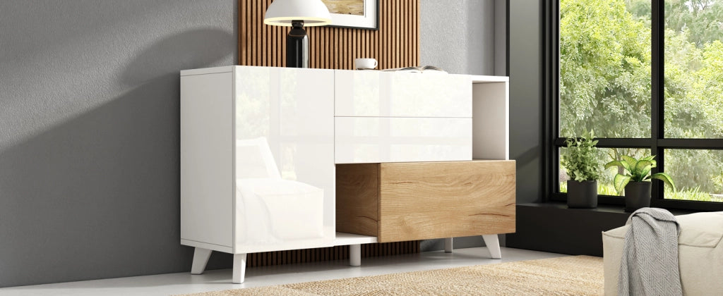Credenza Moderna Bianco Lucido e Legno Madia 130 cm con 2 Cassetti e Ante Stile Scandinavo