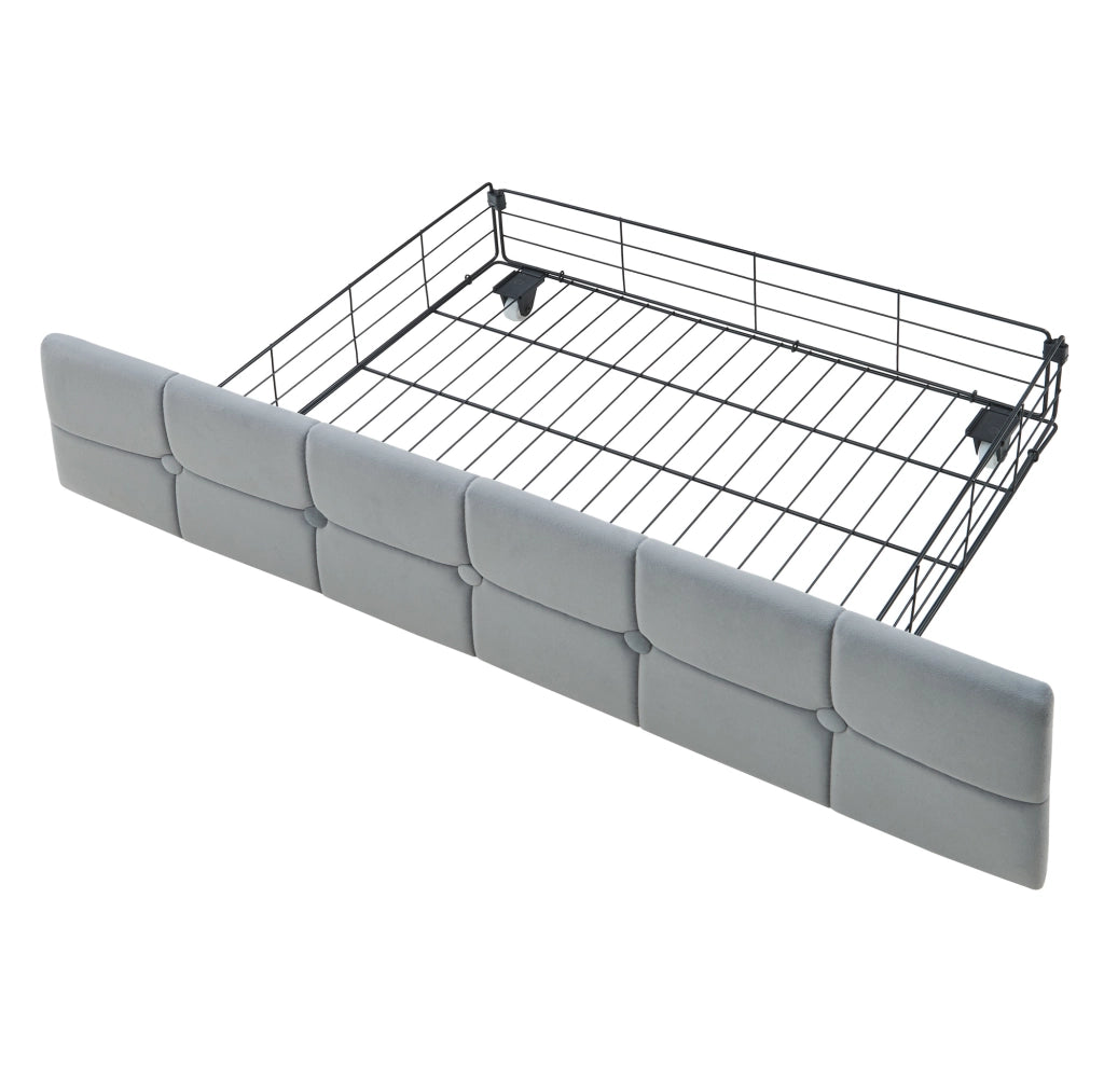 Divano letto imbottito grigio 90 x 200 cm con LED, cassetti e porte USB