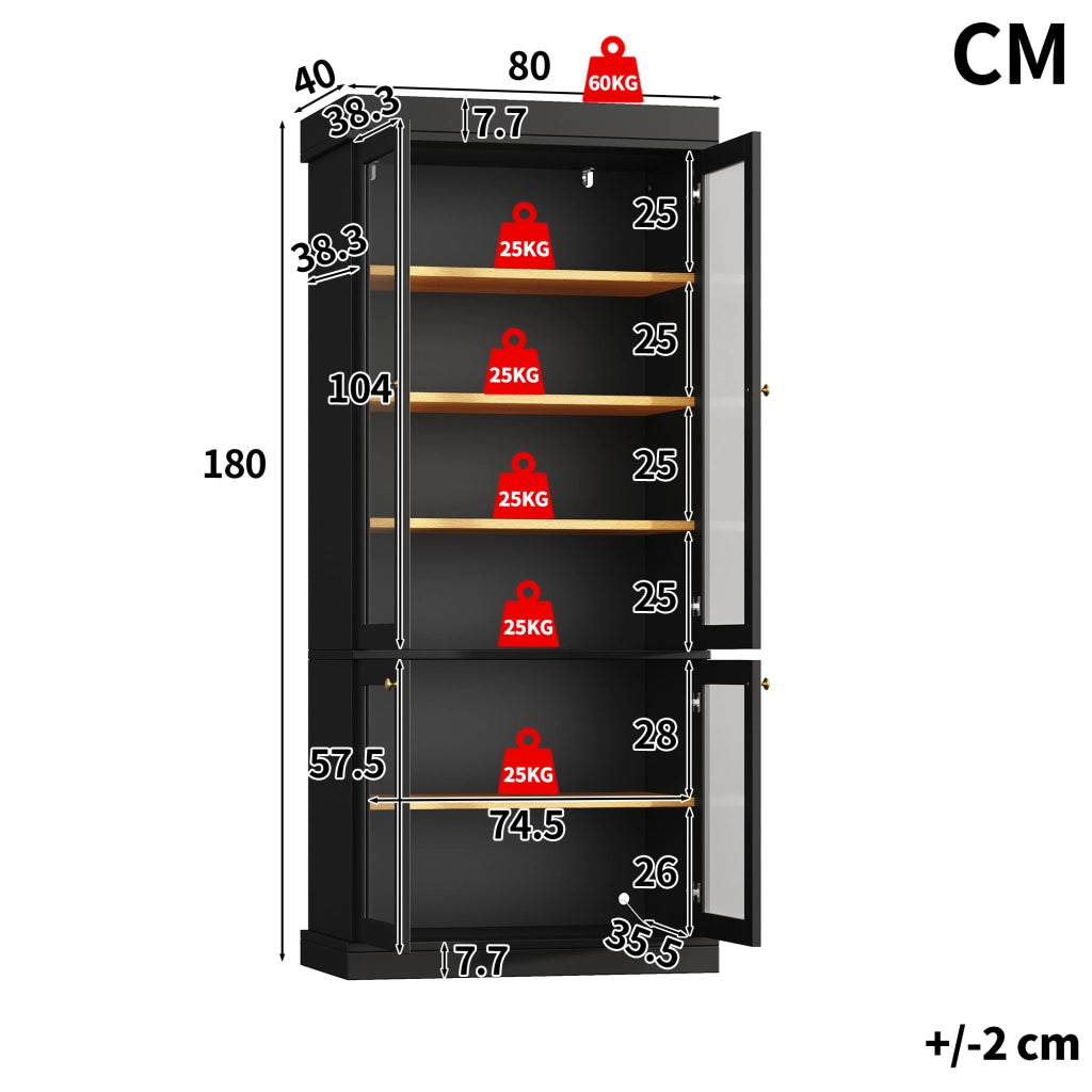 Armadio con LED multicolore ripiani regolabili e 2 dispositivi antiribaltamento per soggiorno nero 80 × 40 × 180 cm