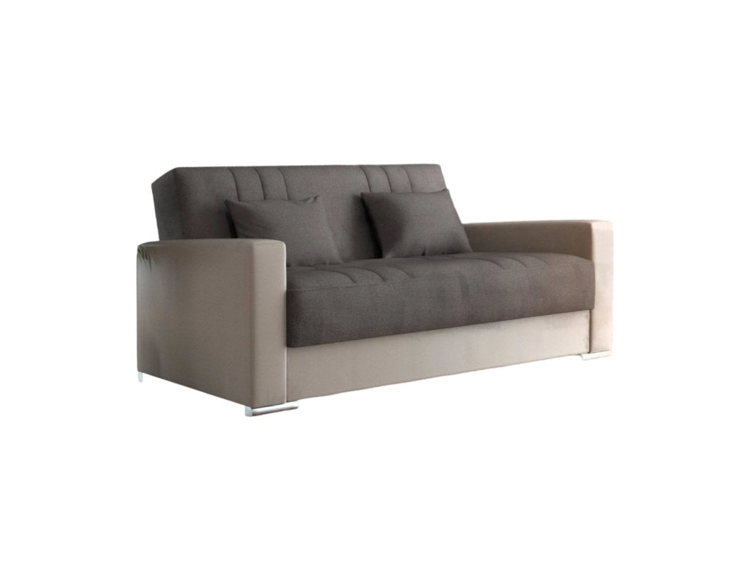 Divano letto Arix, Divano letto contenitore a 3 posti in ecopelle e tessuto, SofÒ  da soggiorno con apertura click-clack e 2 cuscini inclusi, 230 x96h101 cm, Beige e Grigio