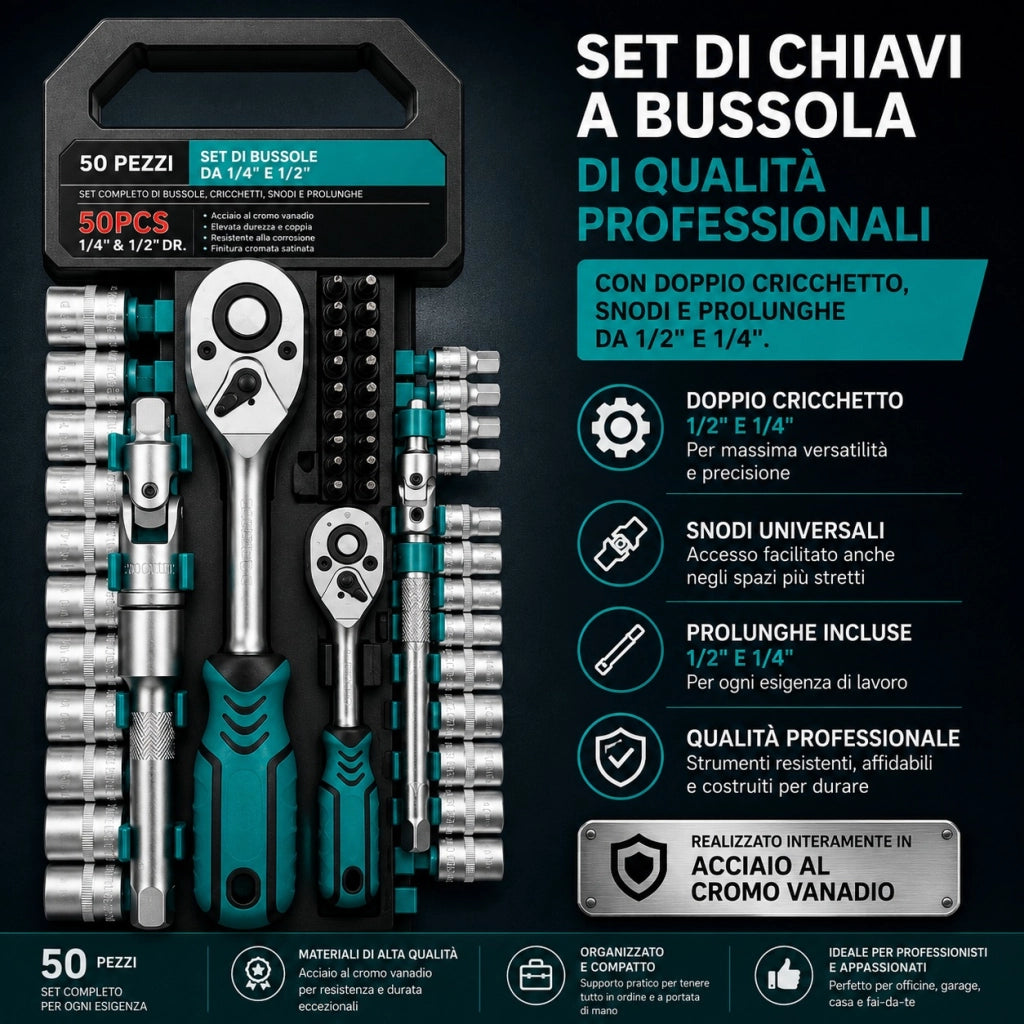 Set 50 Chiavi a Bussola 1/4" 1/2" con Cricchetti Inserti e Snodi VHT02524