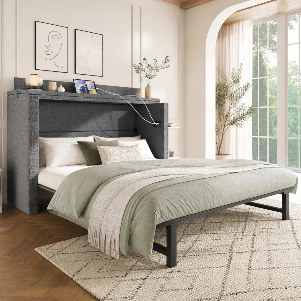 DESMIU Letto a scomparsa 140 × 200 cm 2 posti con 1 cassetto, USB, Type-C e ripiano, senza materasso, grigio