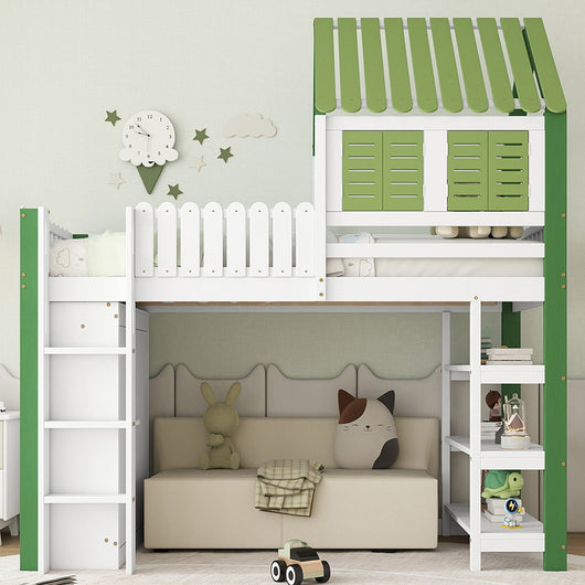 Letto a soppalco bambini - Xylo - 90x200 cm armadio pino verde