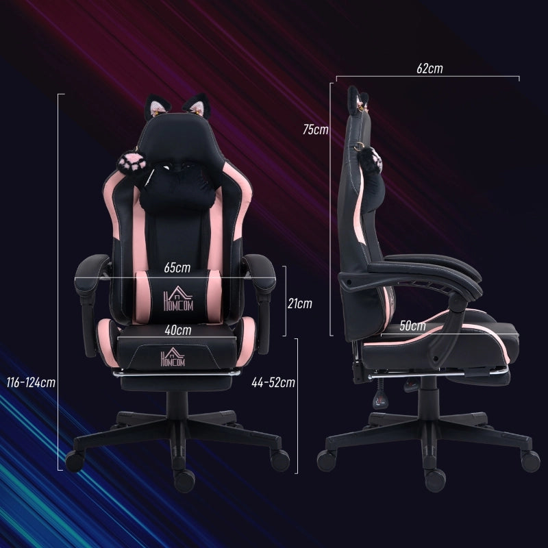 Sedia gaming con orecchie di gatto, schienale reclinabile, poggiapiedi estraibile e ruote in ecopelle nera
