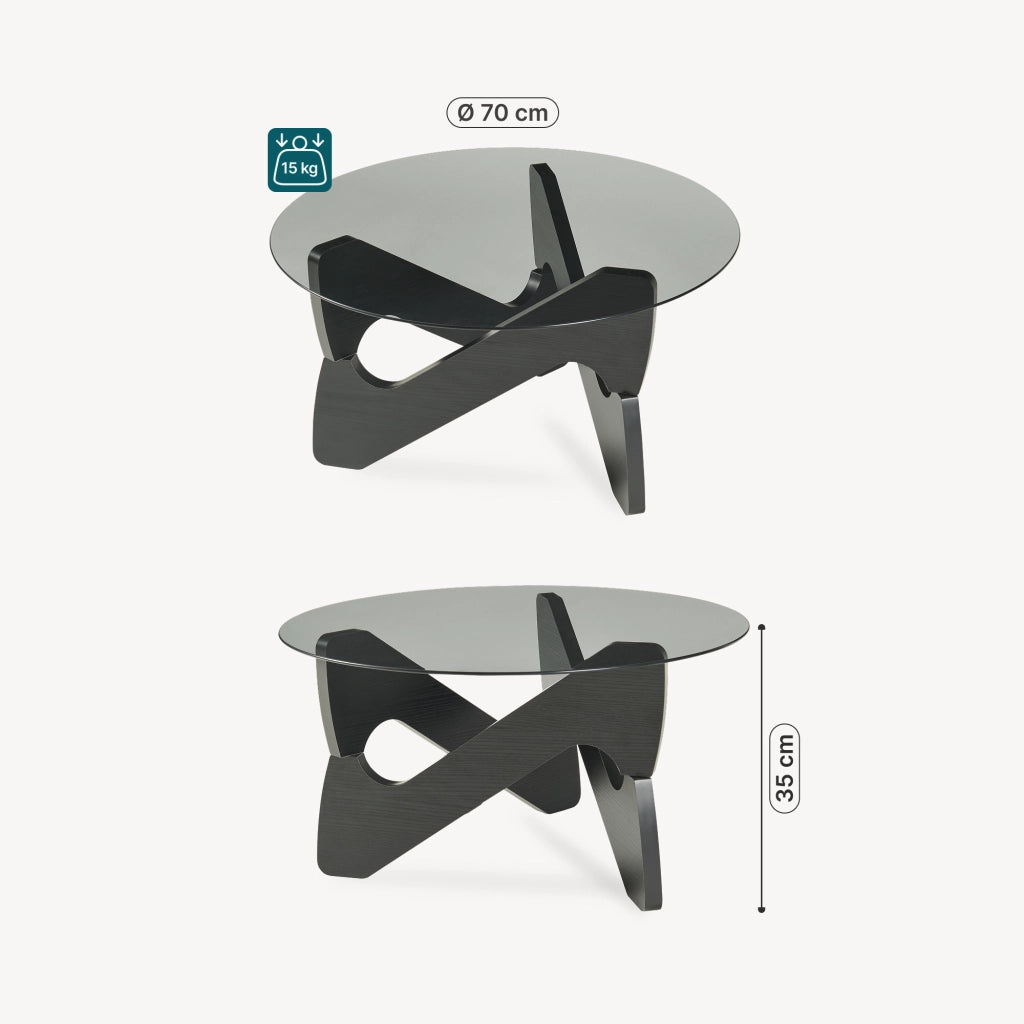 Tavolino da Caffè Reypio con Piano Rotondo in Vetro Fumé (ØxA) 70 x 35 cm - Nero/Grigio [en.casa]